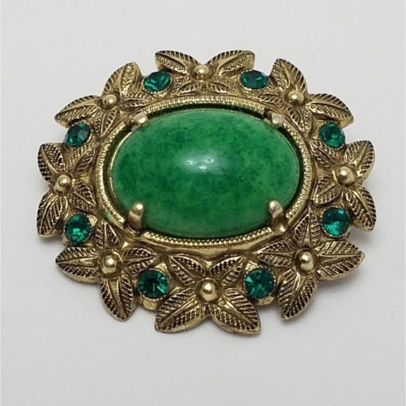 Vtg West Germany Green Cabochon Glass & Rhinestone Goldtone Floral Pin Brooch - Picture 2 of 7